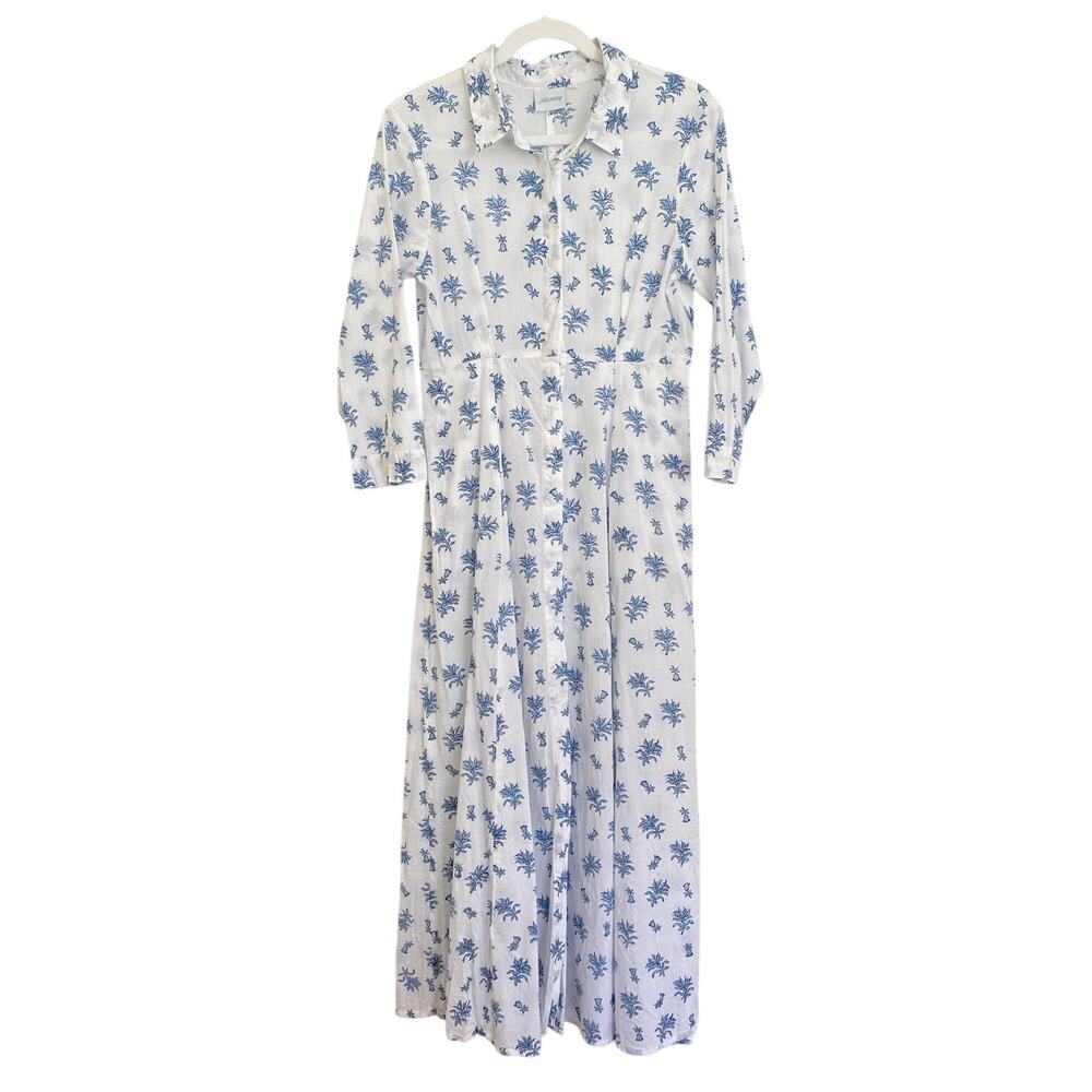 Julia India Amory JA Shirt Dress Summer Maxi Button Down Cotton Blue Floral S